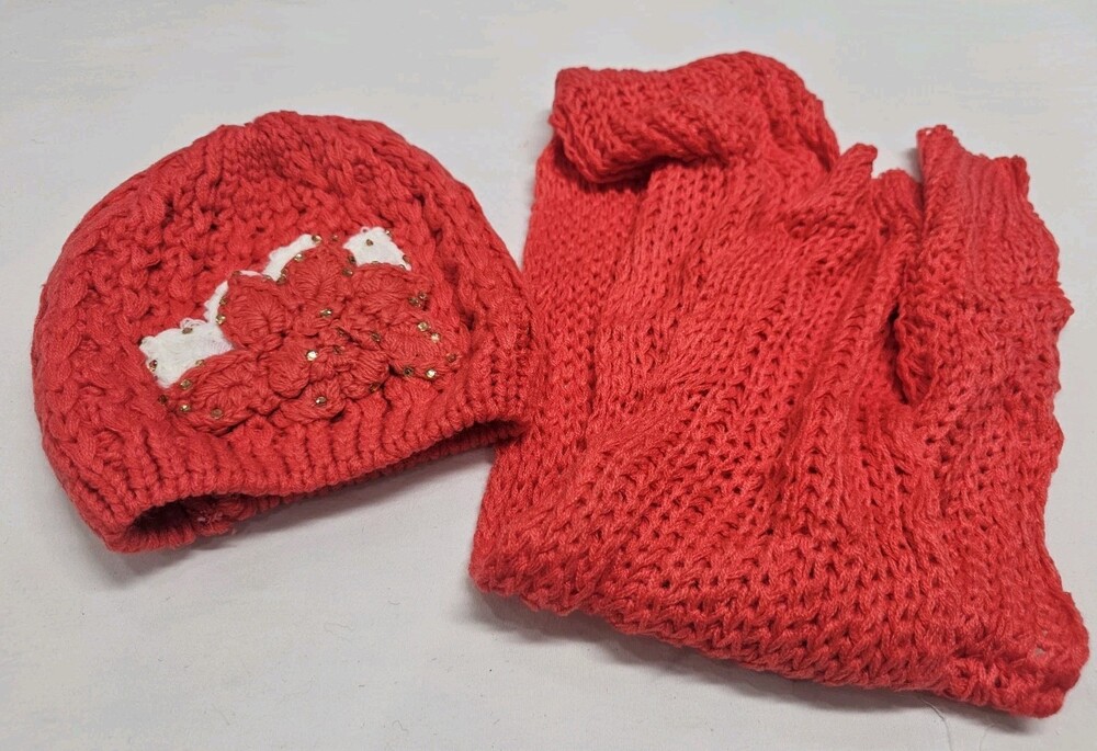 Red Hand Knit Crochet Winter Hat Scarf Gloves Set Floral Beaded Applique Warm